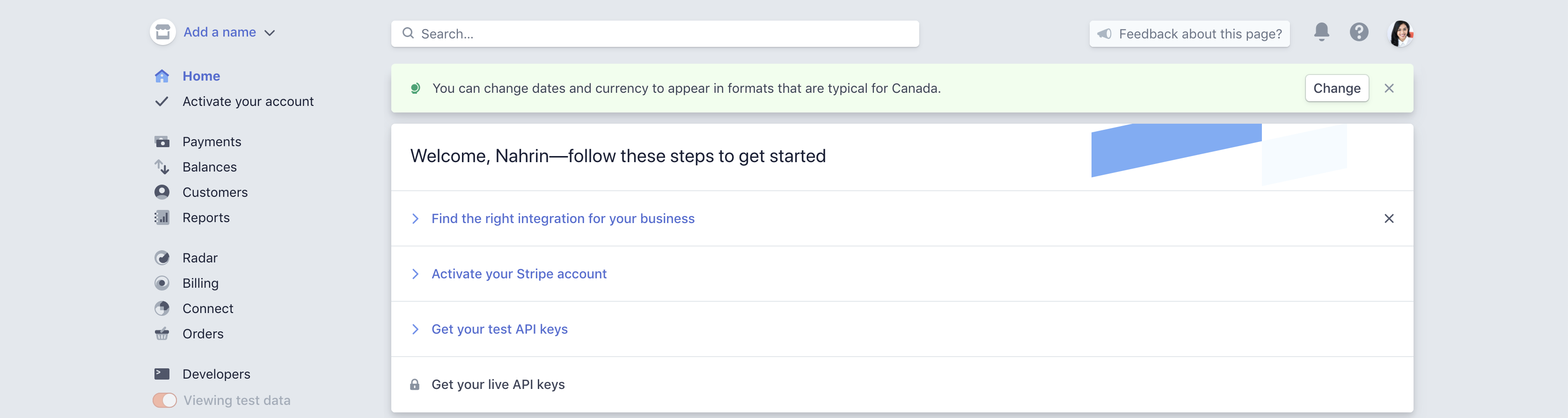 Stripe dashboard contains API keys