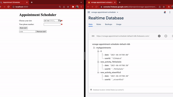 Example adding a slot and it is shown on the Firebase Realtime database