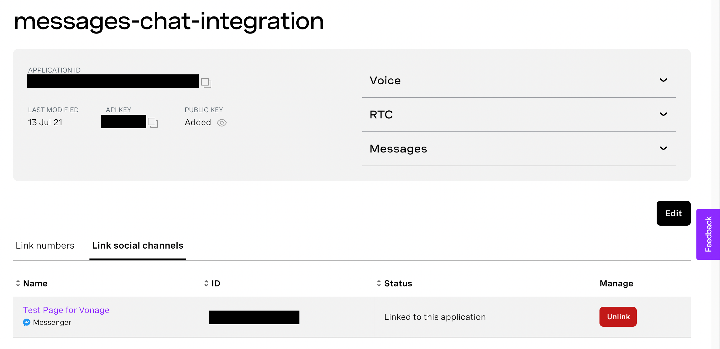 Screen shot of Application details page with the Facebook page linked to the application