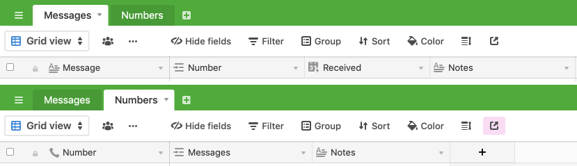 The first table is called Messages and contains Message (text), Number (relationship), Received (created), and Notes (text). The second table is called Numbers and contains Number (phone), Messages (relationship), and Notes (text).