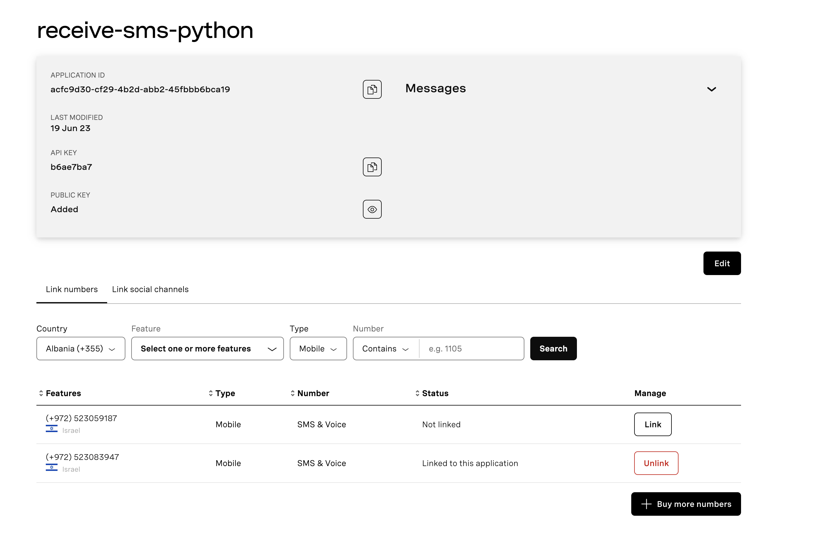 Vonage application in the developer dashboard.
