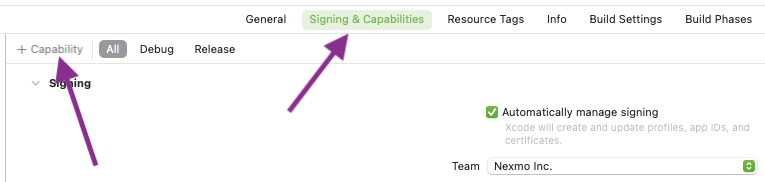 Add capability button in Xcode