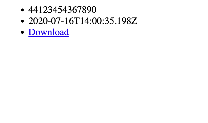 A page showing a phone number, timestamp, and download link