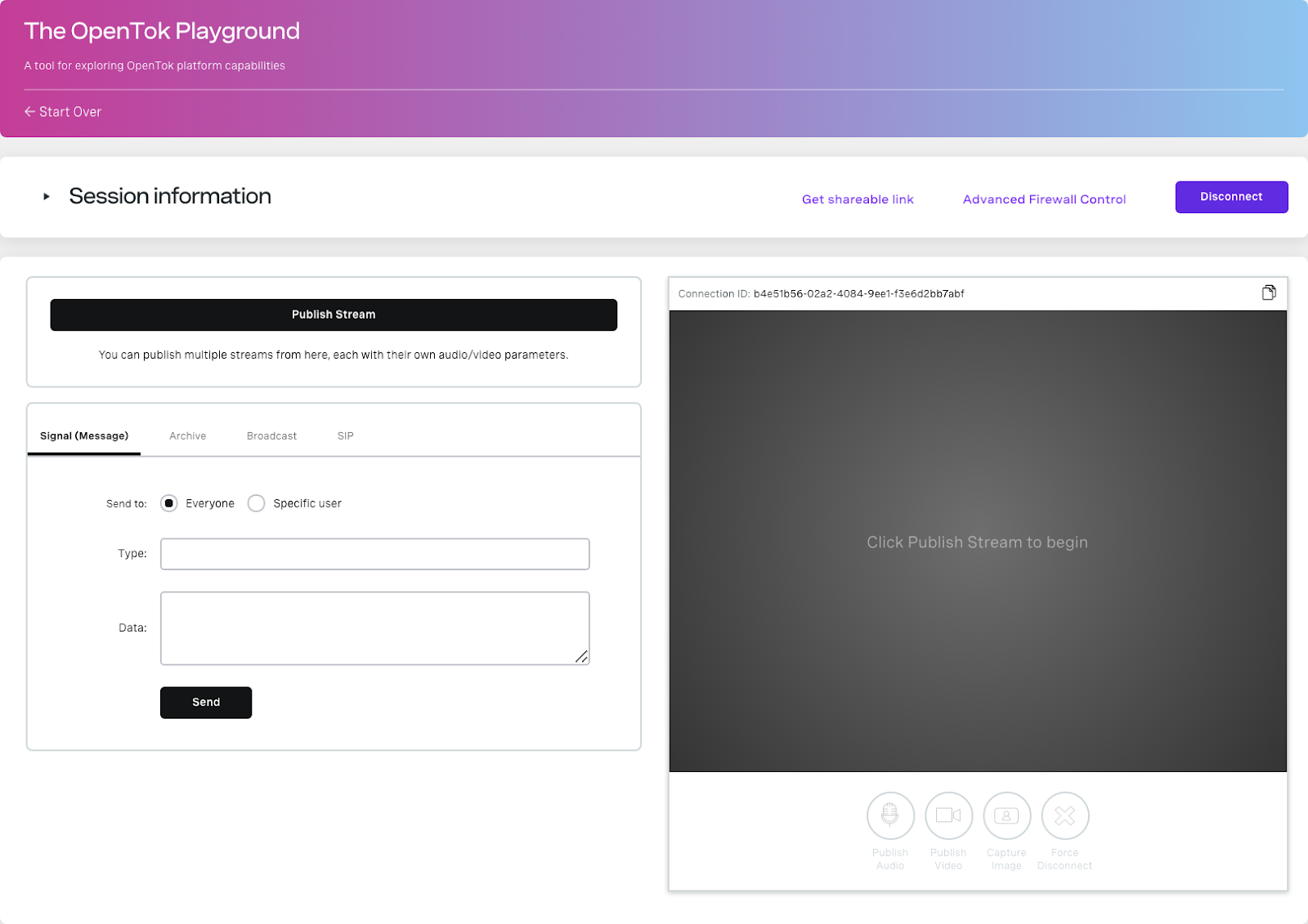 The user interface for the Playground page with the "Publish Stream" icon