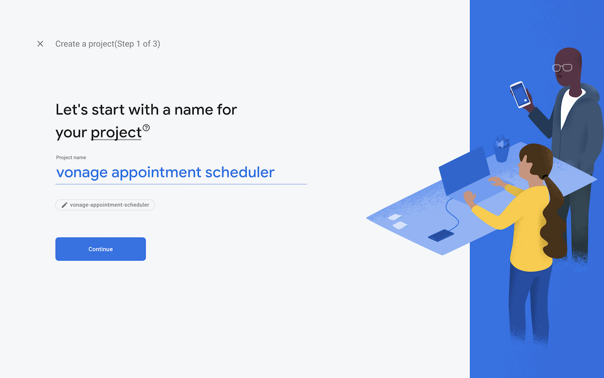 Console view with a text field to enter project and name and edit the project id