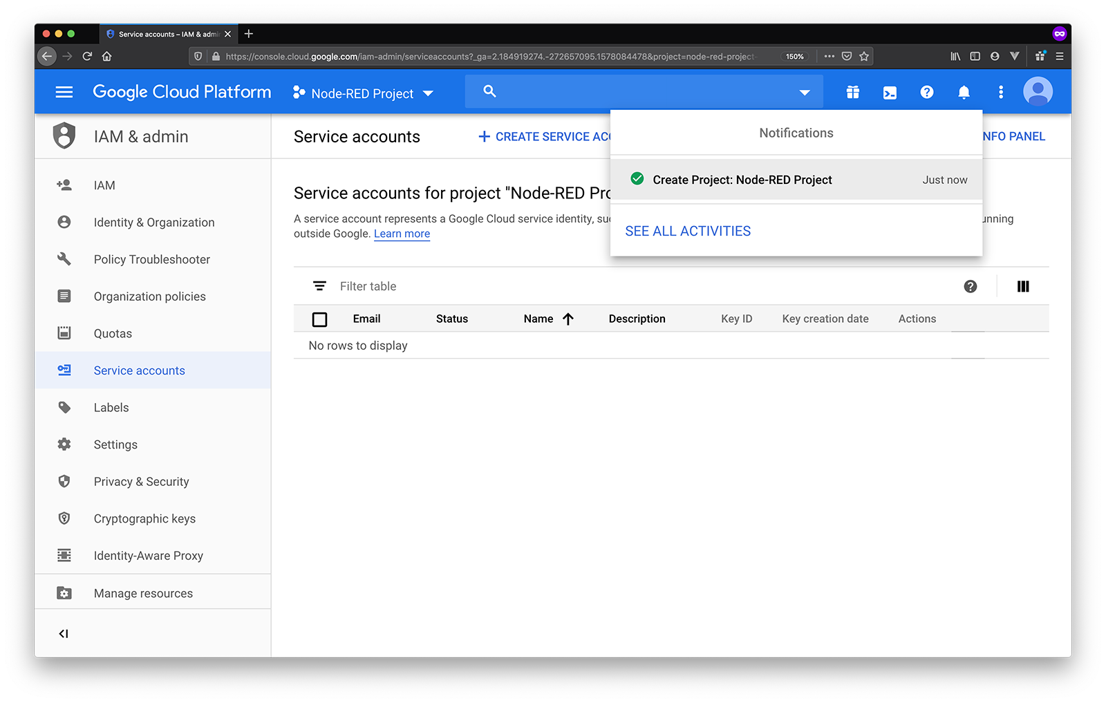 google service accounts project created