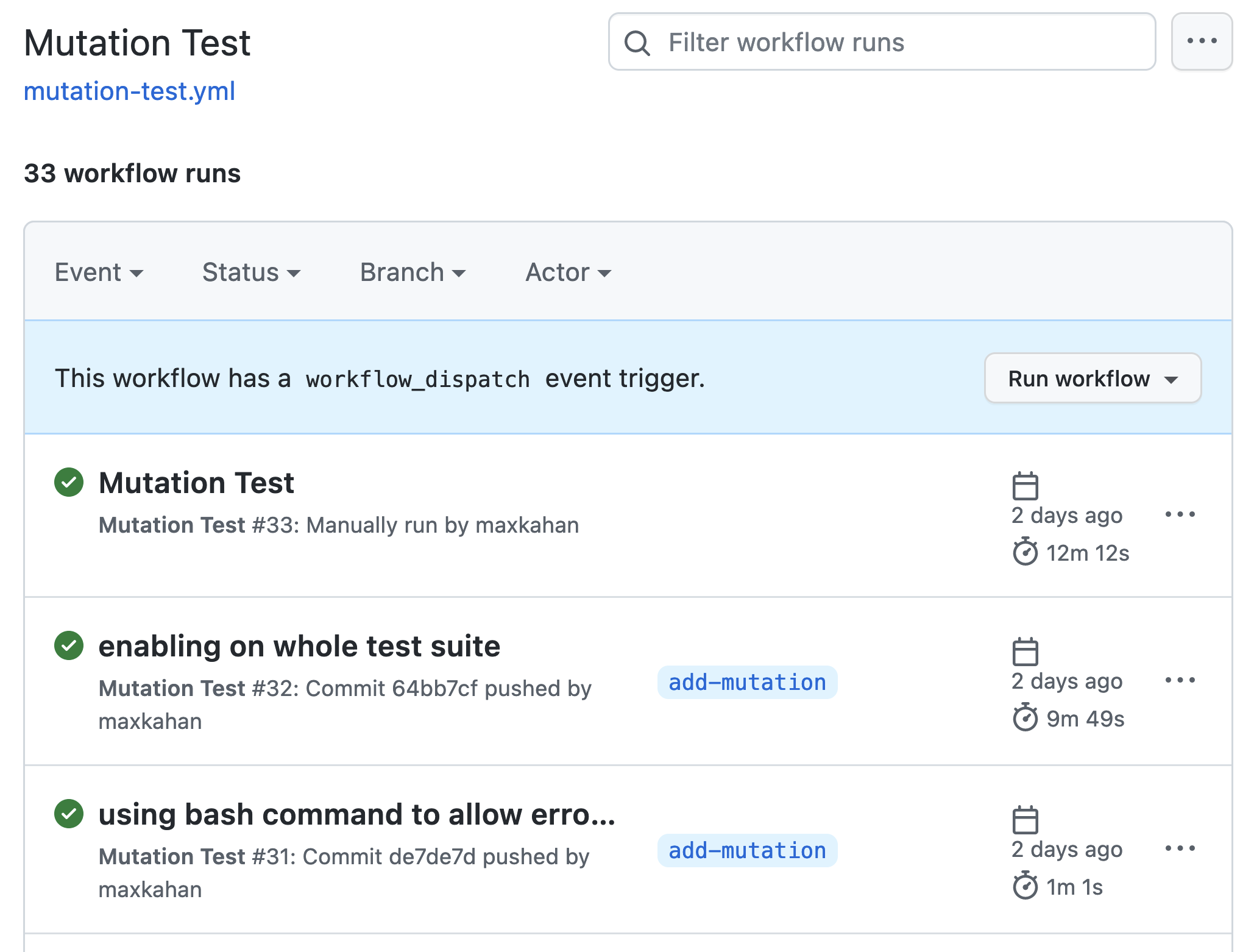 GitHub Actions console showing my mutation test workflow and some previously run jobs
