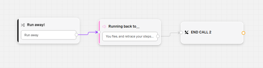 A screenshot showing an example of a flow starting with a context switch node. In this case the flow begins with the 'Run away!' context switch node, followed by a Speak node and then an End Call node 