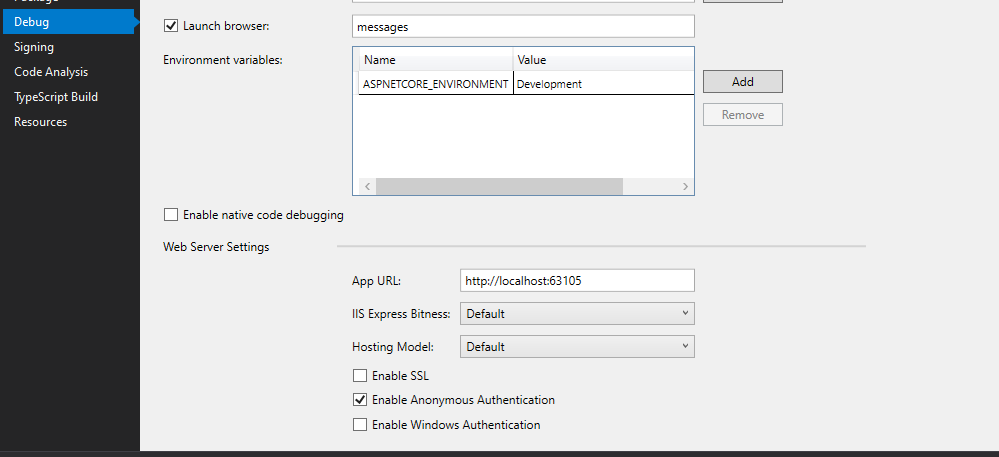 Debug settings