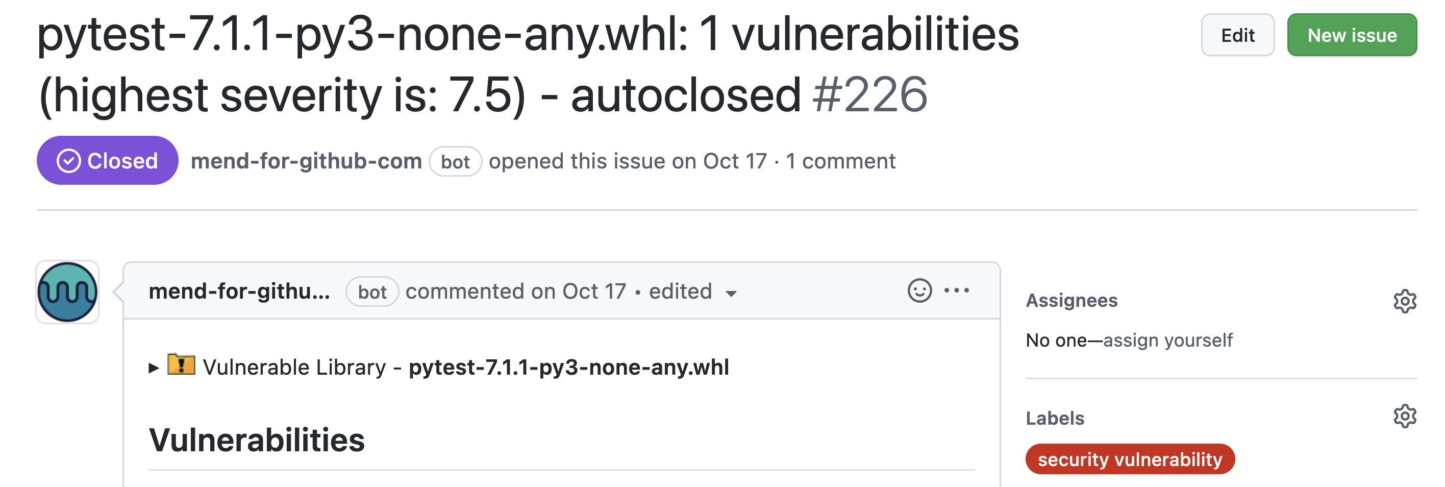 An issue automatically raised by mend-for-github-bot that highlights a potential vulnerability and remediation steps