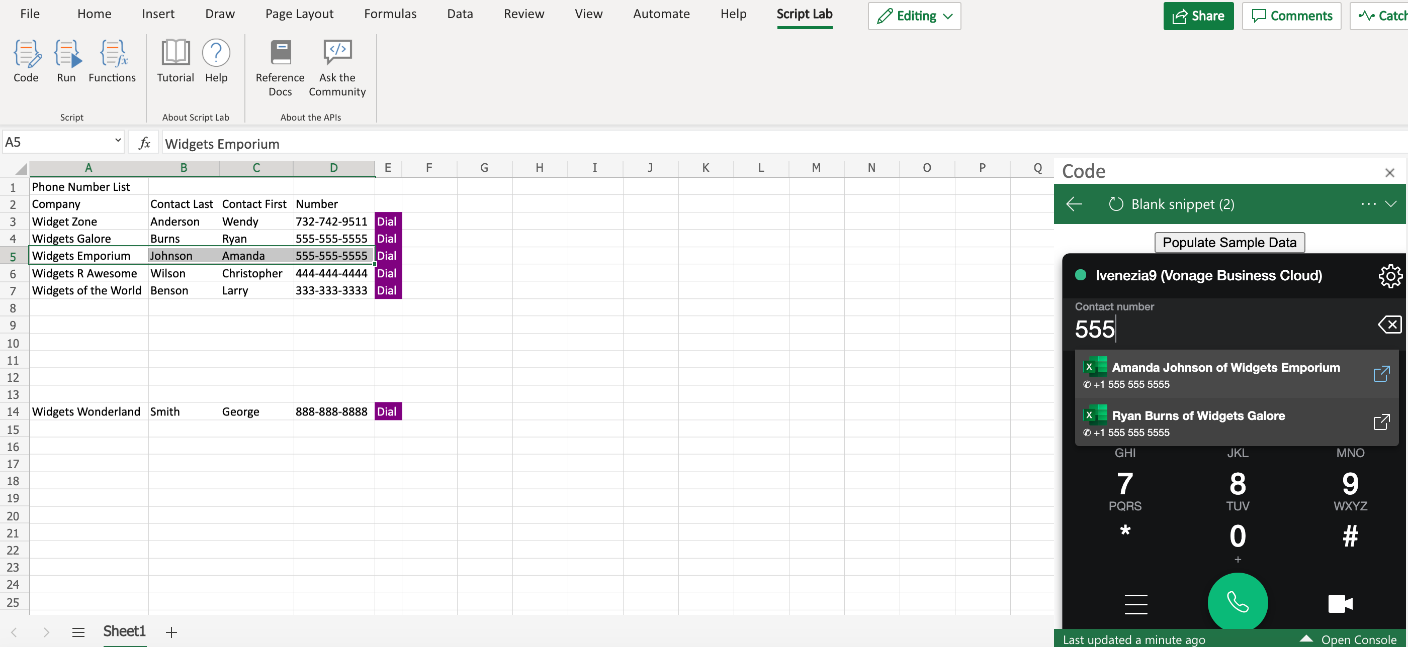 Screenshot of Microsoft Excel and the Vonage Open ContactPad with the number 555 in the Contact Number section with search results displayed below and the first match highlighted in the Excel sheet