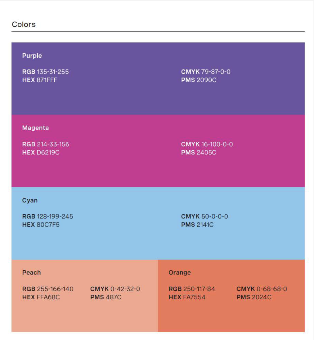 The image displays a color chart with six colors, each accompanied by their respective RGB, HEX, CMYK, and PMS codes. The colors and their codes are:  Purple: RGB (135, 31, 255), HEX #871FFF, CMYK (79, 87, 0, 0), PMS 2090C Magenta: RGB (214, 33, 156), HEX #D6219C, CMYK (16, 100, 0, 0), PMS 2405C Cyan: RGB (128, 199, 245), HEX #80C7F5, CMYK (50, 0, 0, 0), PMS 2141C Peach: RGB (255, 166, 140), HEX #FFA68C, CMYK (0, 42, 32, 0), PMS 487C Orange: RGB (250, 117, 84), HEX #FA7554, CMYK (0, 68, 68, 0), PMS 2024C The chart is organized in blocks of color with the information below each color, set on a white background for clear readability.