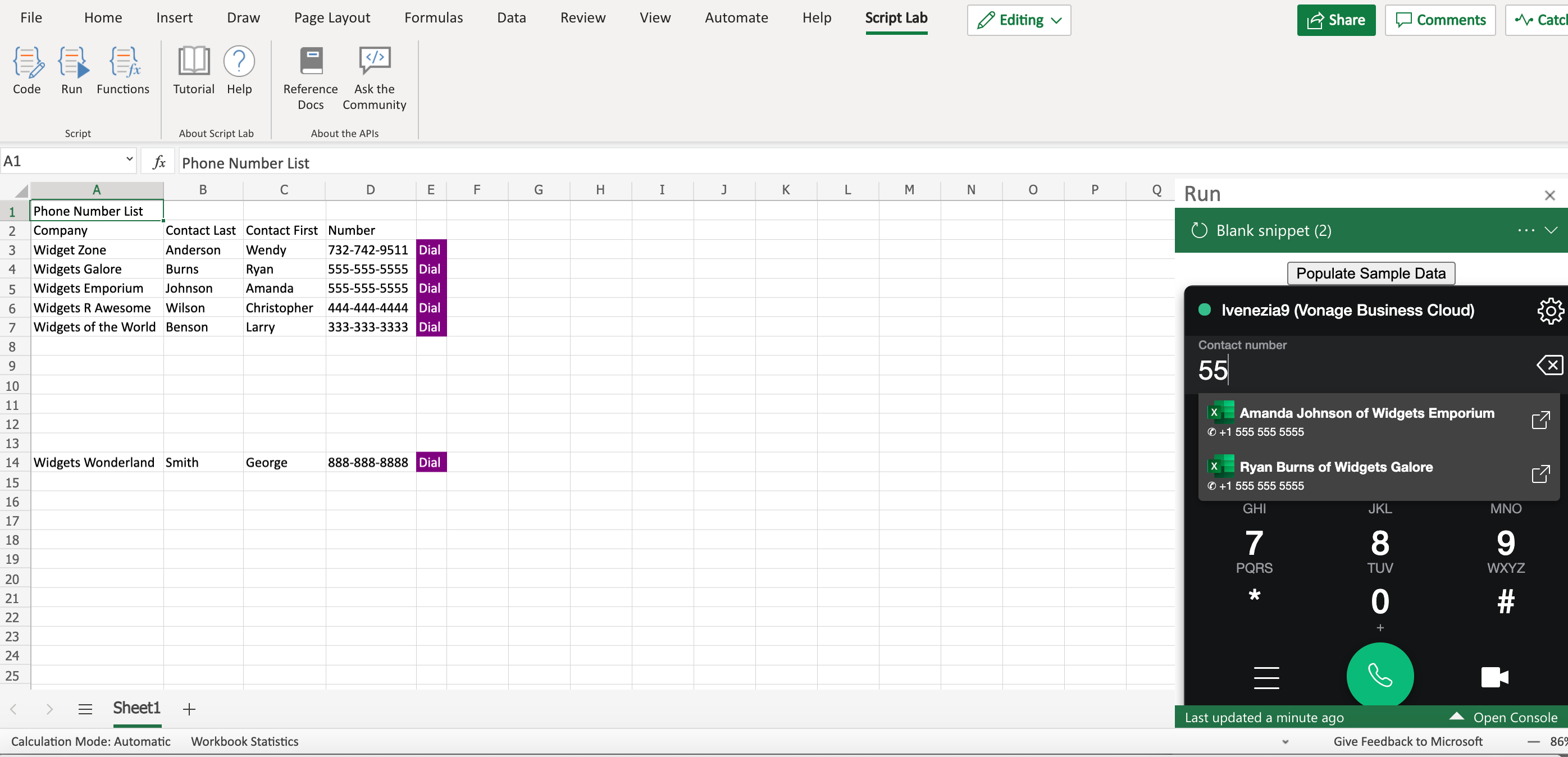 Screenshot of Microsoft Excel and the Vonage Open ContactPad with the number 55 in the Contact Number section with search results displayed below