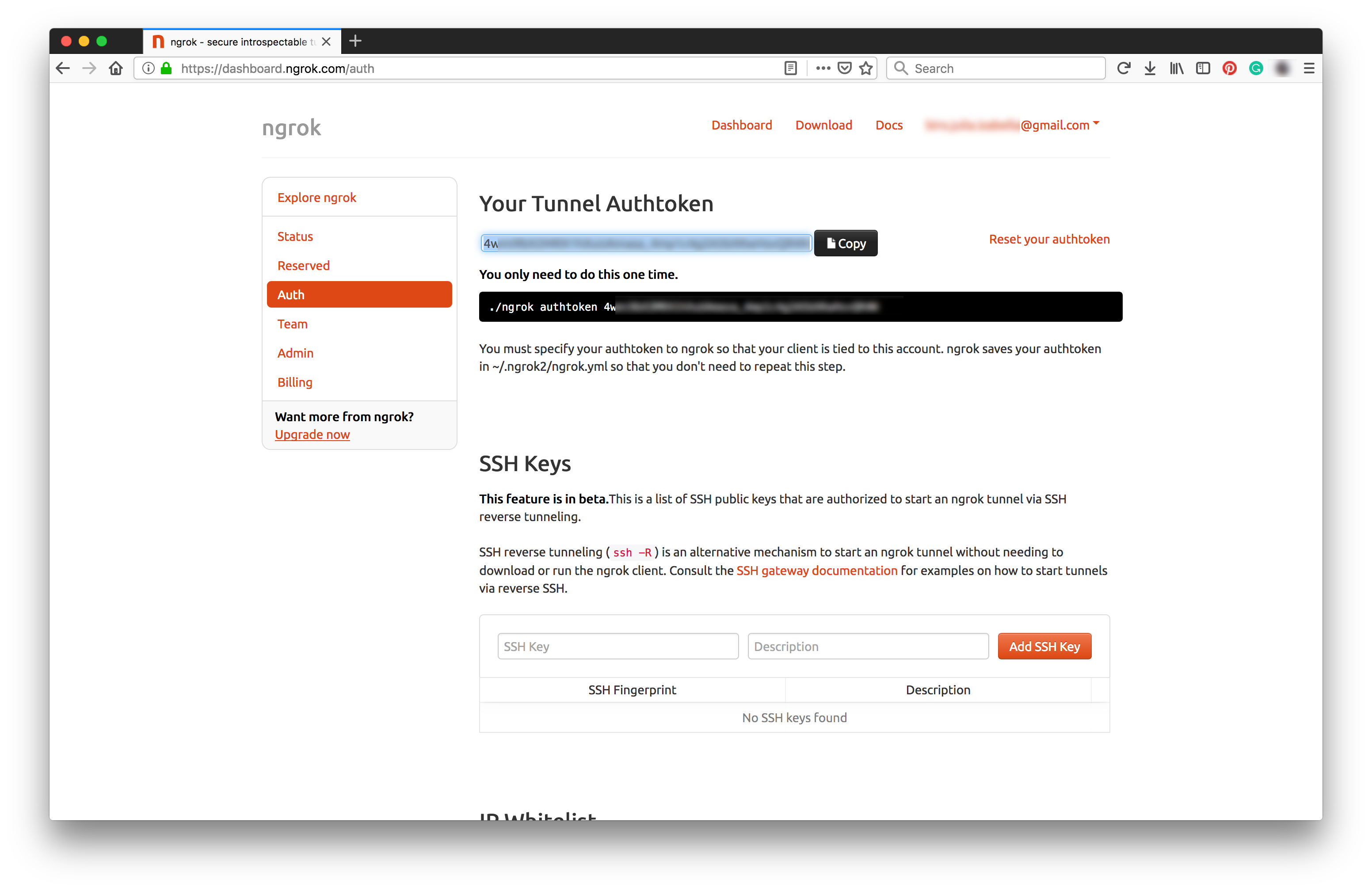 An Ngrok display showing how to retrieve your AuthToken