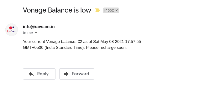 Email received when Vonage Account balance is low