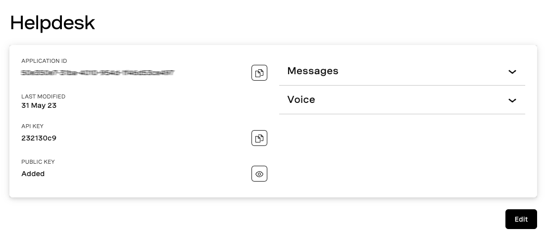Screenshot of Vonage Dashboard, accessing an Application's Settings