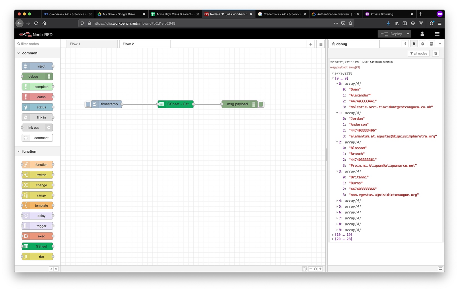 google sheets node