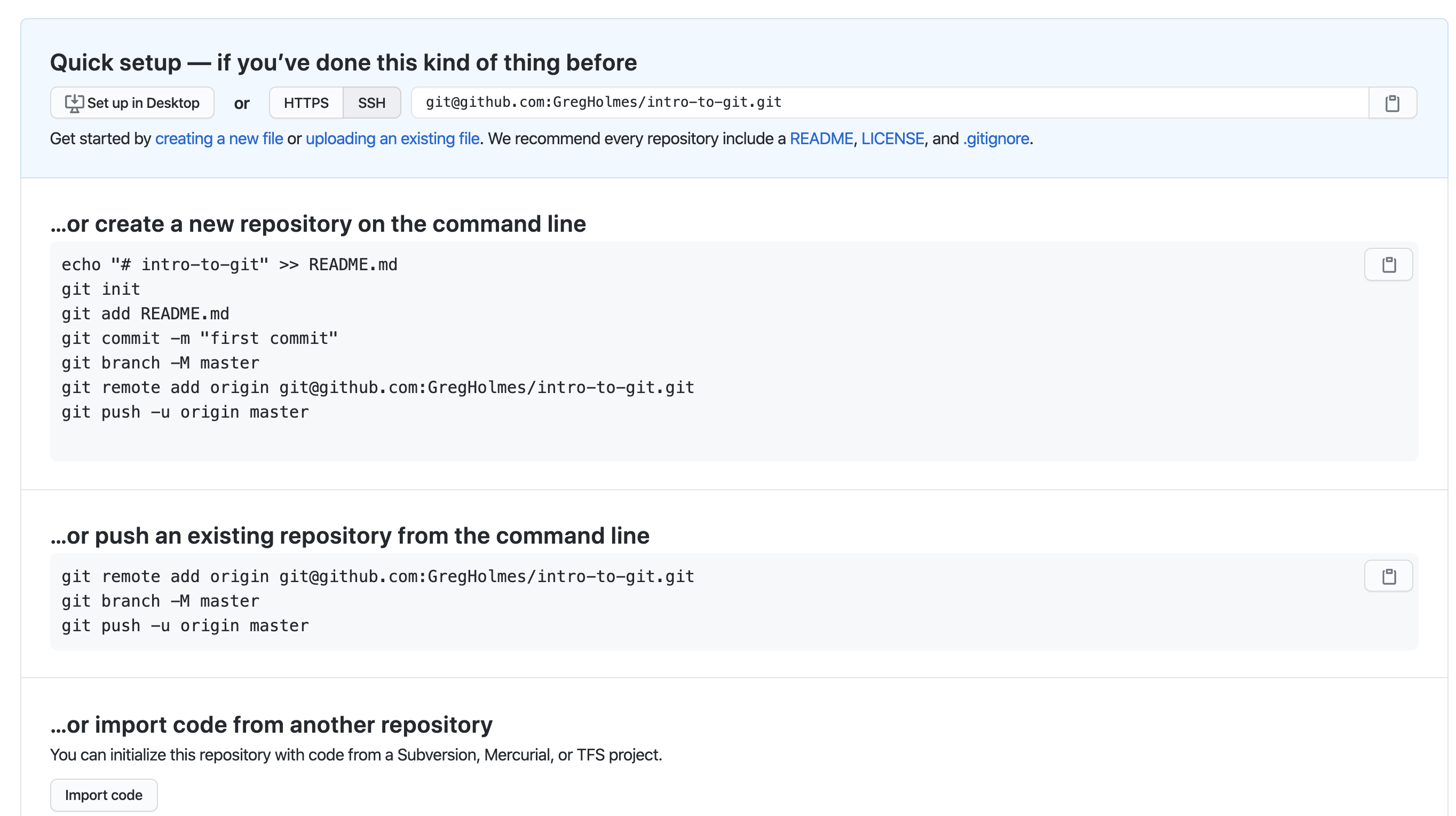 Image showing the output on the page when a GtiHub repository is created.