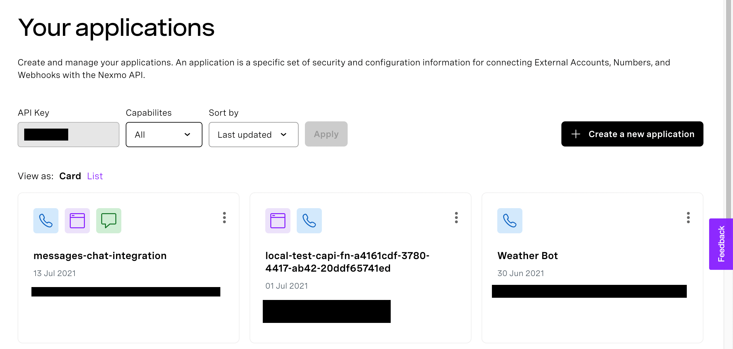 Screen shot of Your applications section of the Vonage dashboard