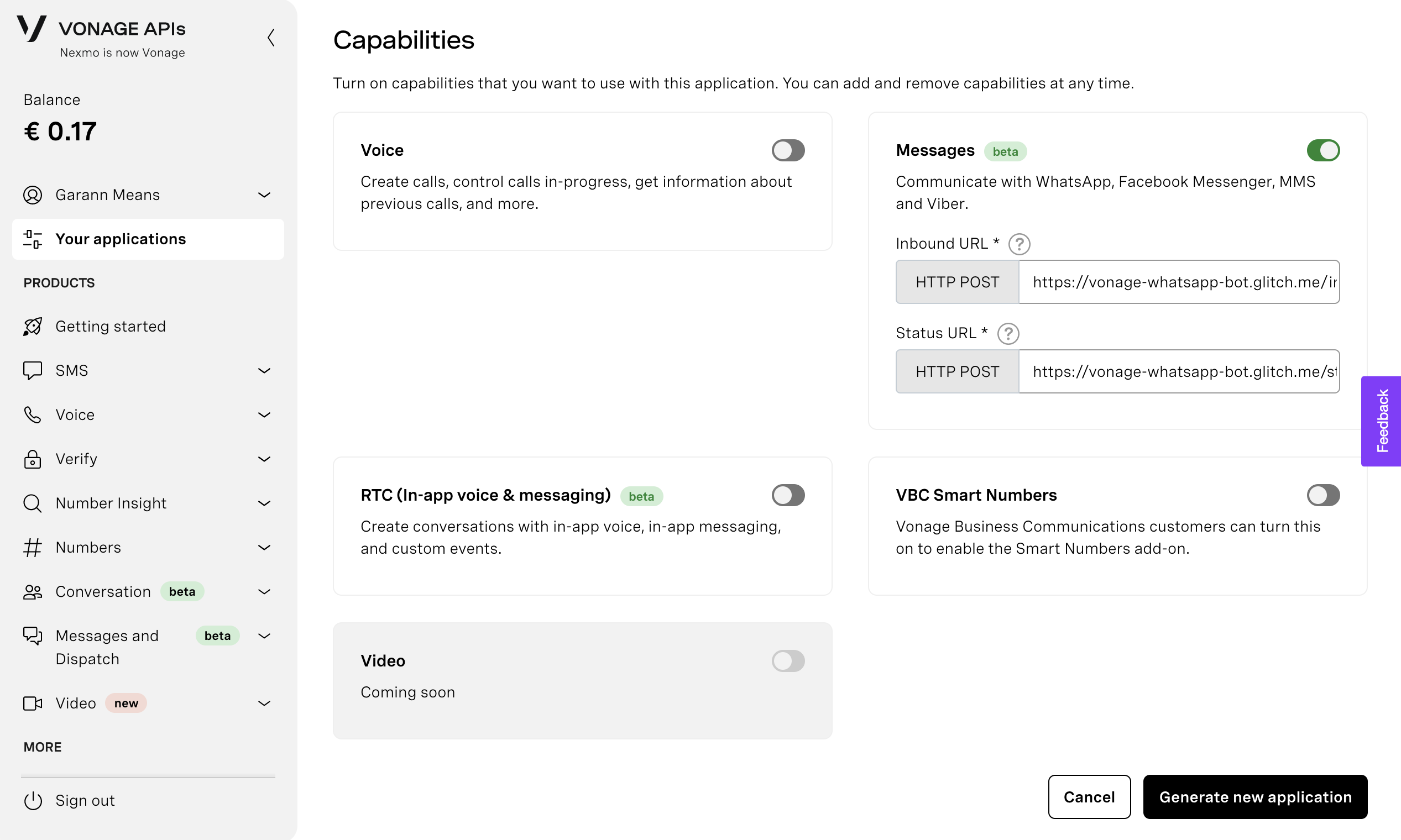 Setting webhook endpoints in a Vonage application