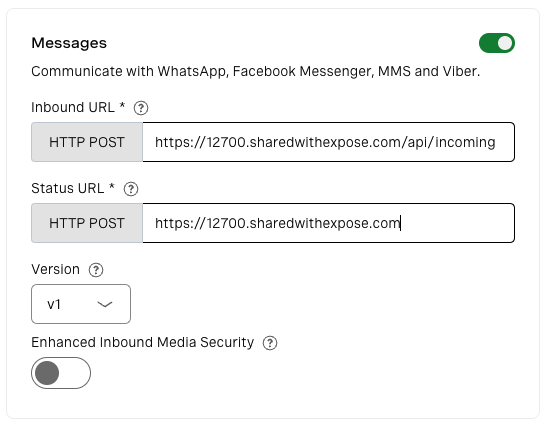 Screenshot inputting the Expose web URL into the Vonage Application message webhook settings