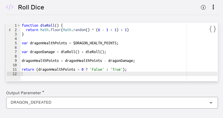 A screenshot showing an the setup for a Custom Code Node, in this case the Roll Dice part of the flow, which uses Math.random to determine the outcome of a battle with the dragon, and then sets the result as the value of the output parameter DRAGON_DEFEATED