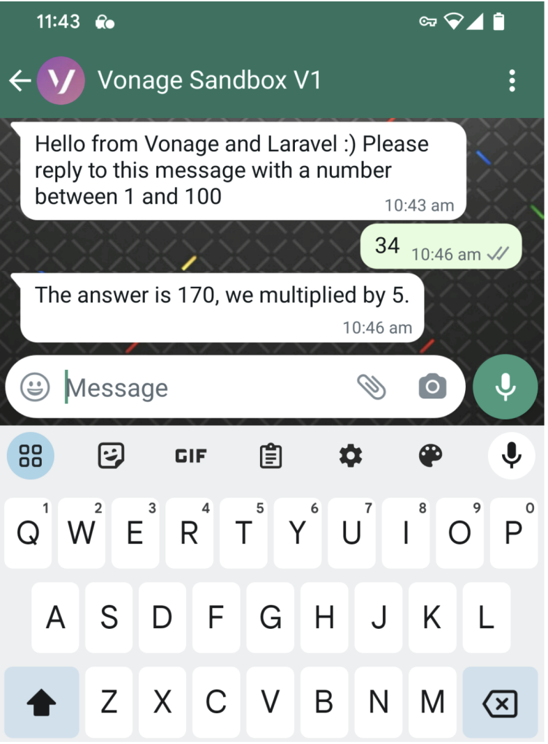 Screenshow of device running WhatsApp showing our messages