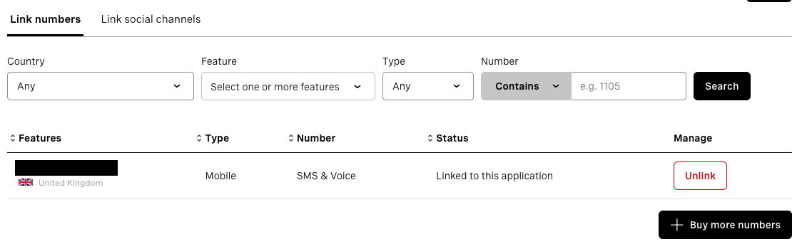 Screenshot of the Numbers configuration for a Vonage Application on the Dashboard