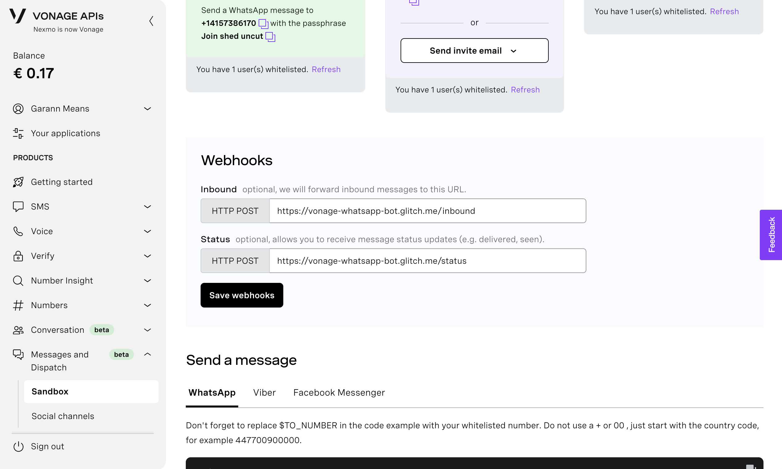 Specifying webhook endpoints in the Messages API Sandbox
