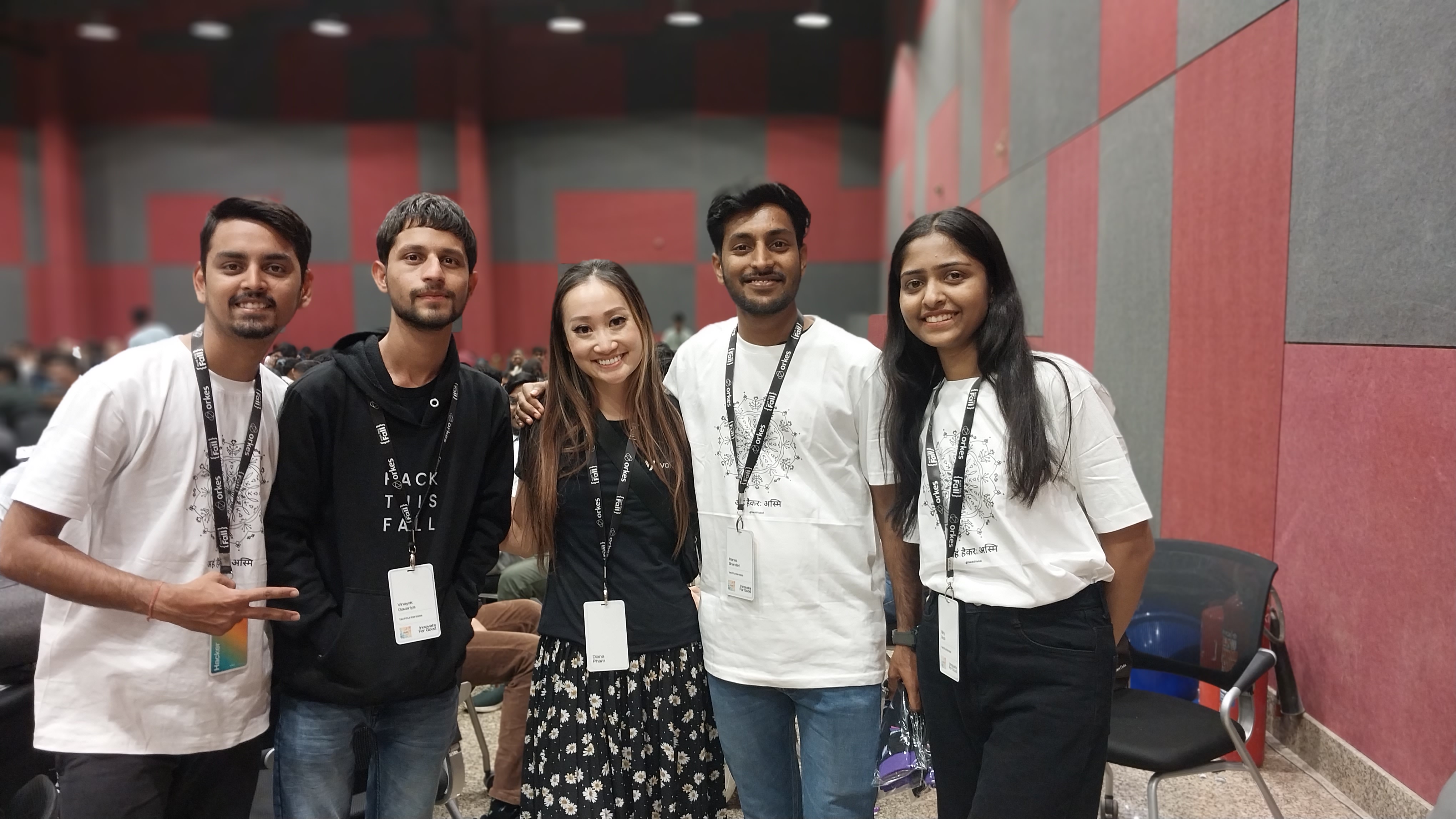 four student hackers (Vinayak Gavariya, Manas Bhandari, Silky Modi, Tanmay Bhadviya) from the team techhunterssss posing with Diana