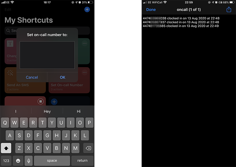 image montage of finished Shortcut, updated number and logs