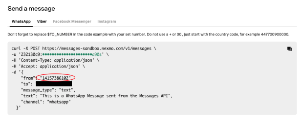 Screenshot of the Sandbox code snippets section showing the from number