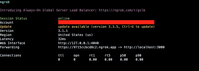A screenshot of the terminal running ngrok. Highlighted in the forwarding URL which is an autogenerated https link