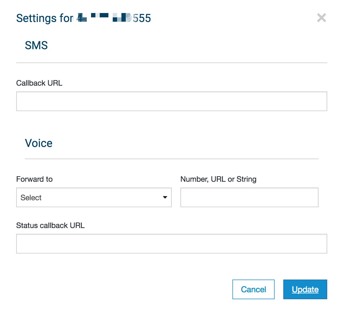 Phone Number SMS Callback Webhook Settings