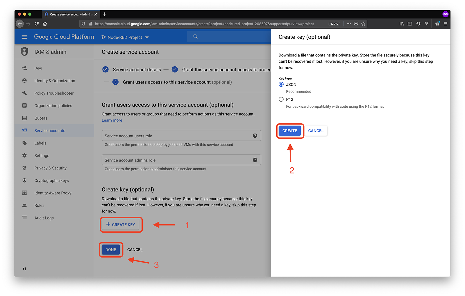 google service accounts create key
