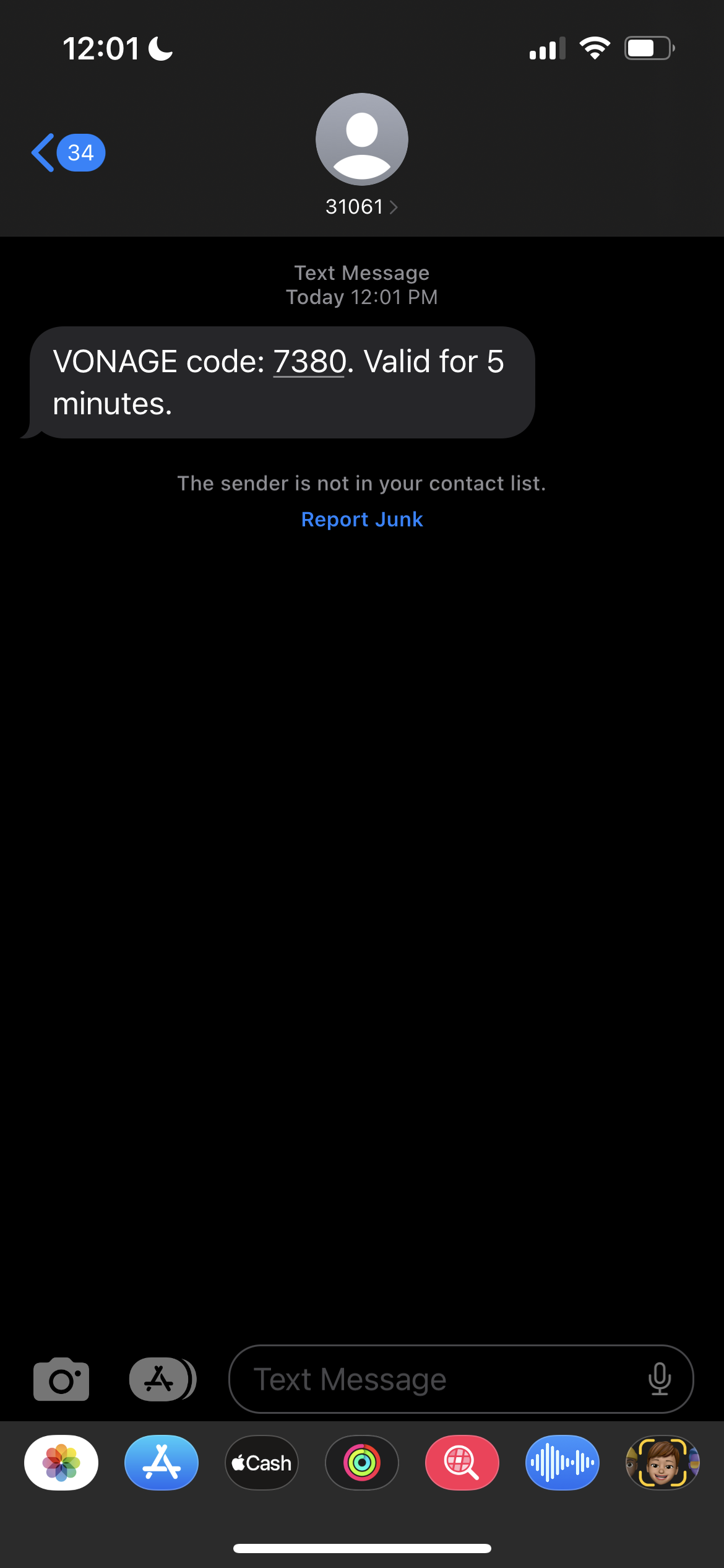 Text message with verification code for two-factor authentication