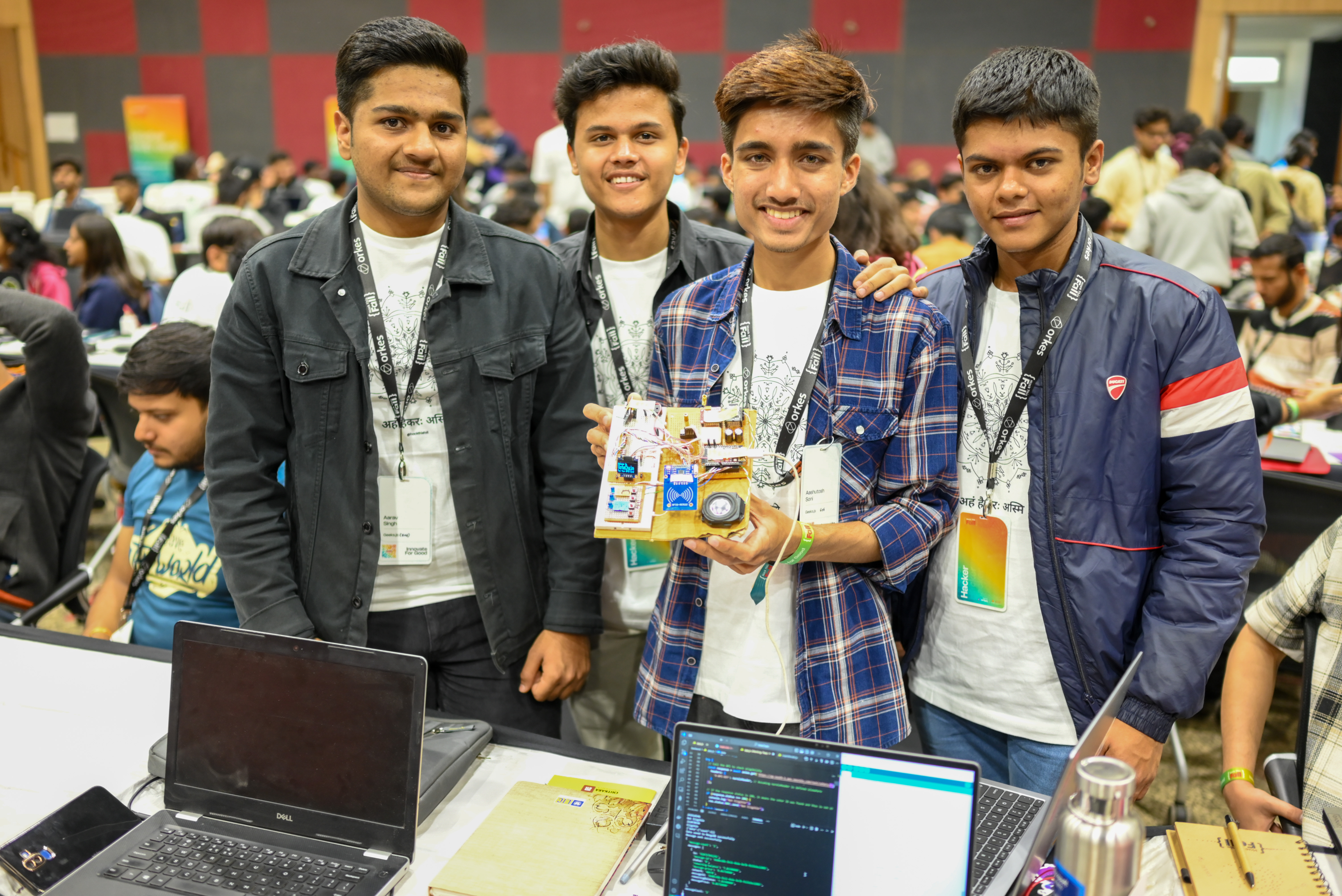 four student hackers from the team VoteChain (Aashutosh Soni, Aditya Paliwal, Aarav S Chouhan, Ved Sharma) posing with hardware