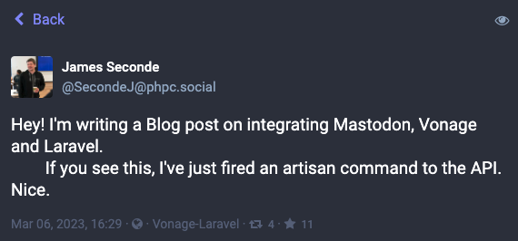 Screenshot of the resulting Mastodon Toot sent out from our Application