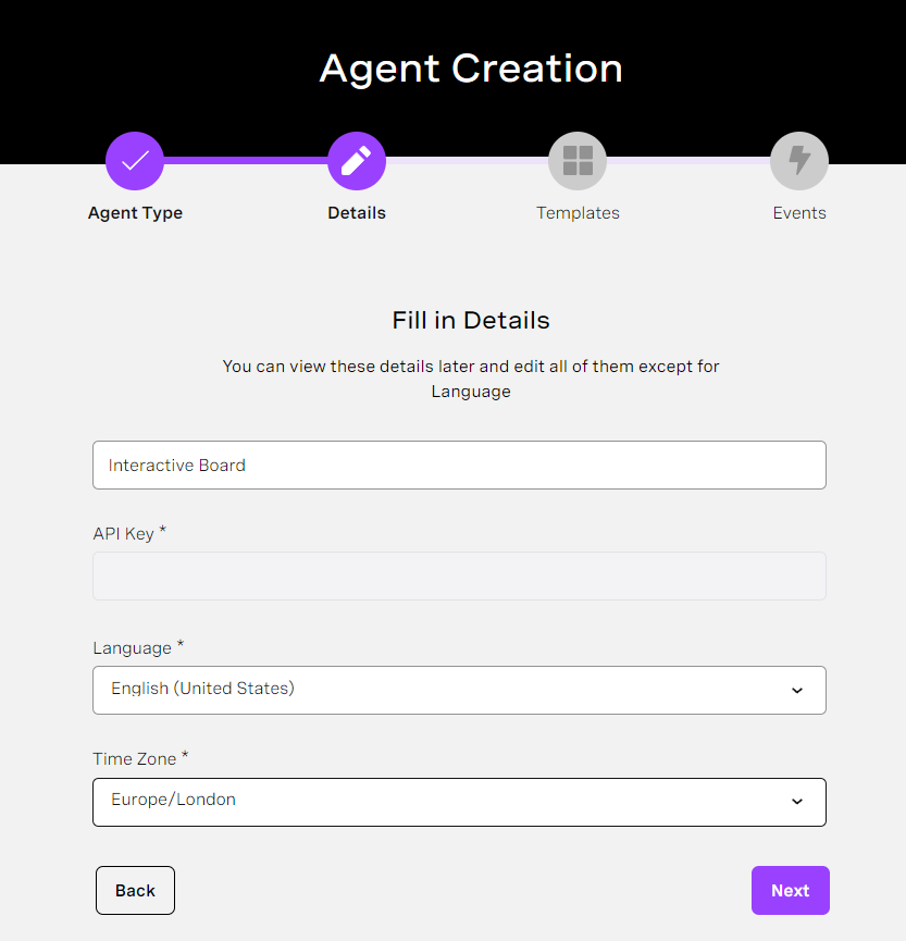 2. Fill in the required details such as Region, Agent Name (e.g., 'Interactive Board'), Language, and Time Zone (e.g., Europe/London) and click ‘Next’.