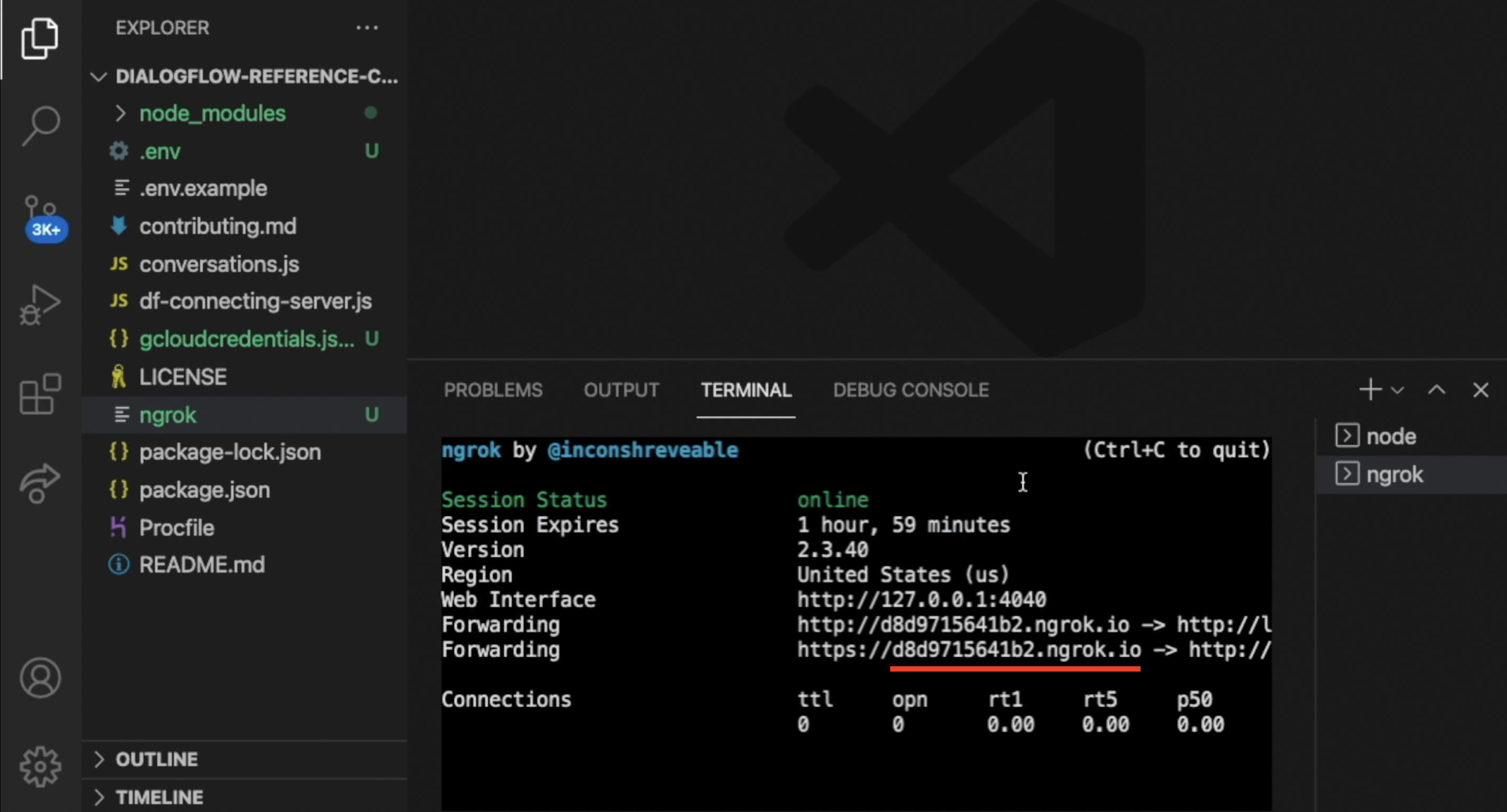 The ngrok URL highlighted on the Visual Studio Code IDE