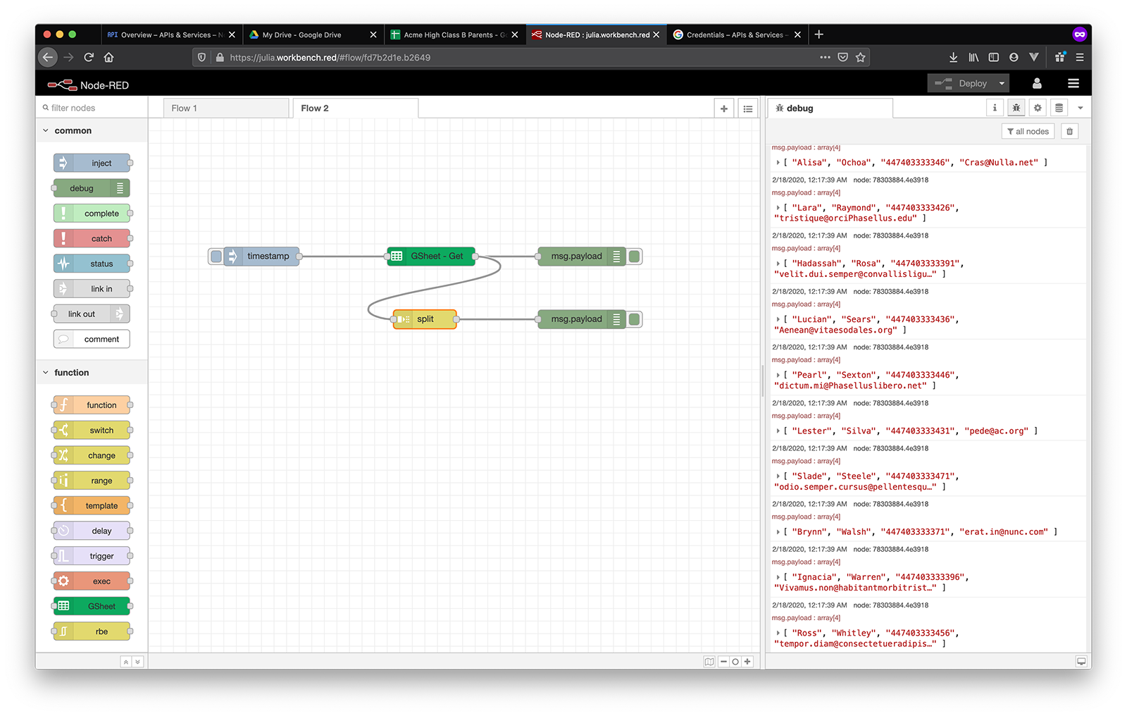 google sheets sms split node