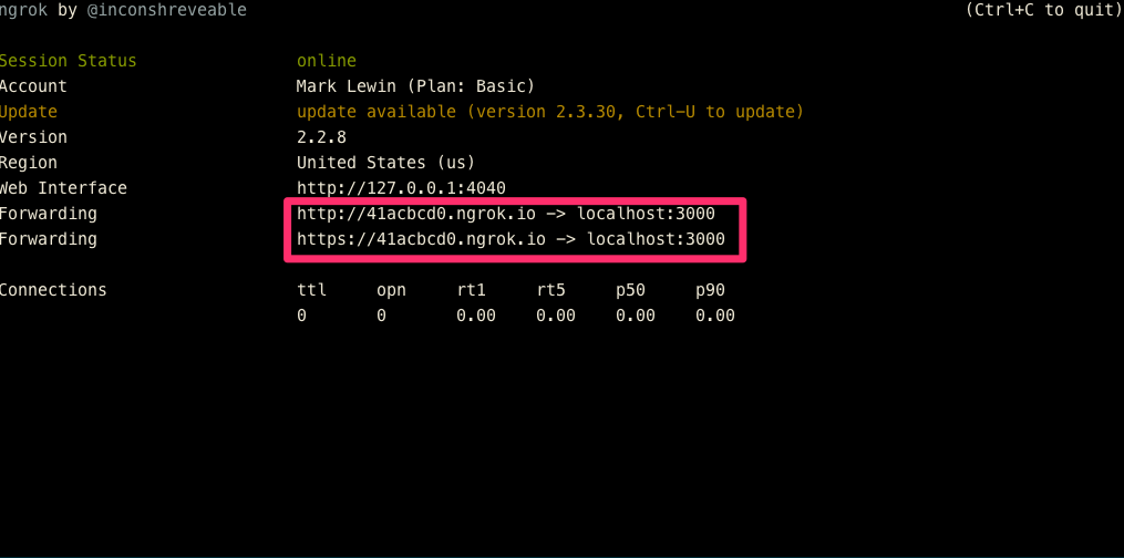 Terminal showing the ngrok URLs
