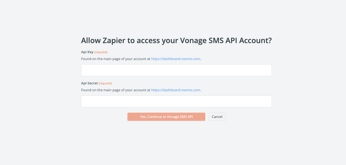 Provide Zapier with your Vonage API Key Information