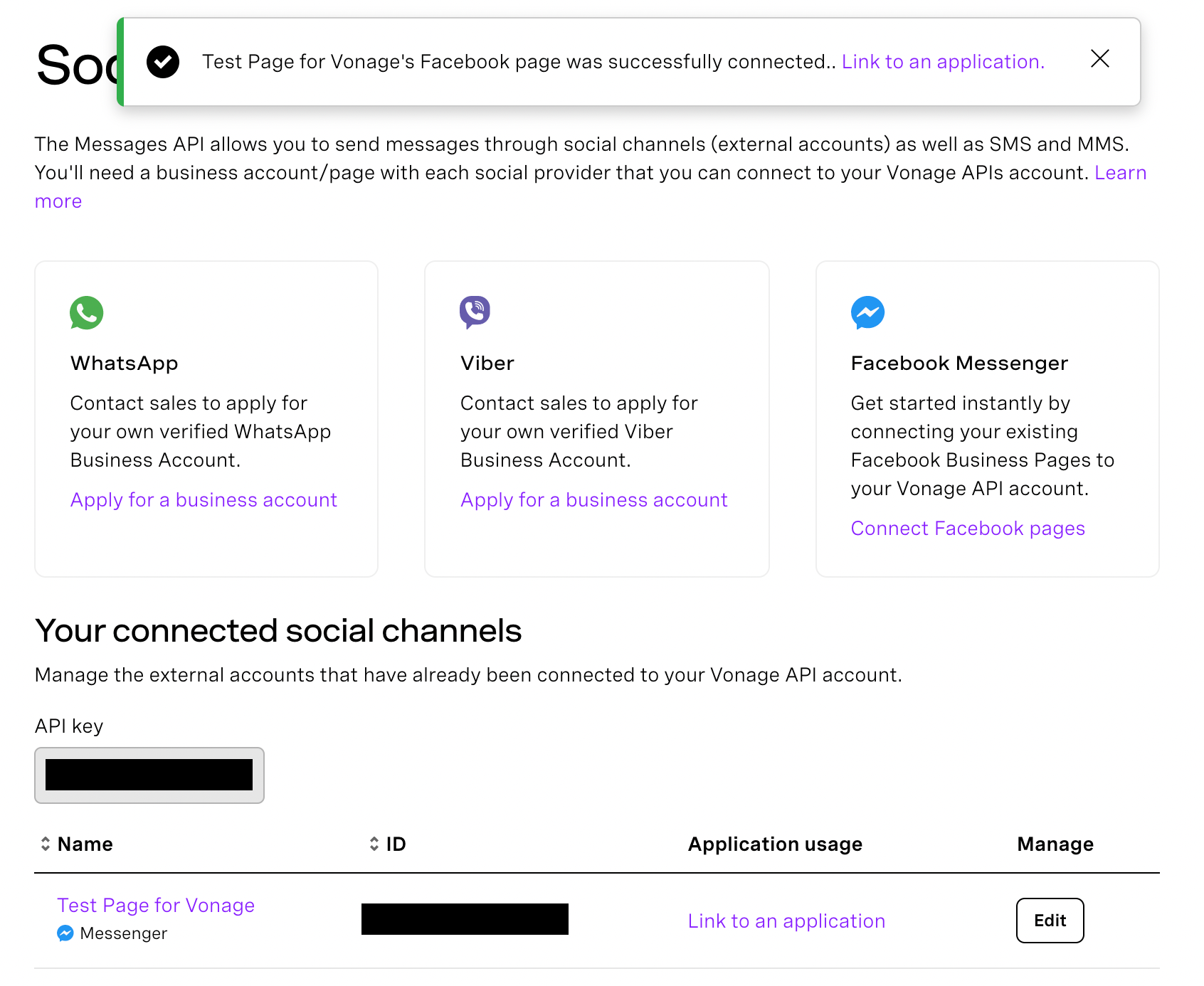 Screen shot of Social Channels section of Vonage Dashboard with a success alert.