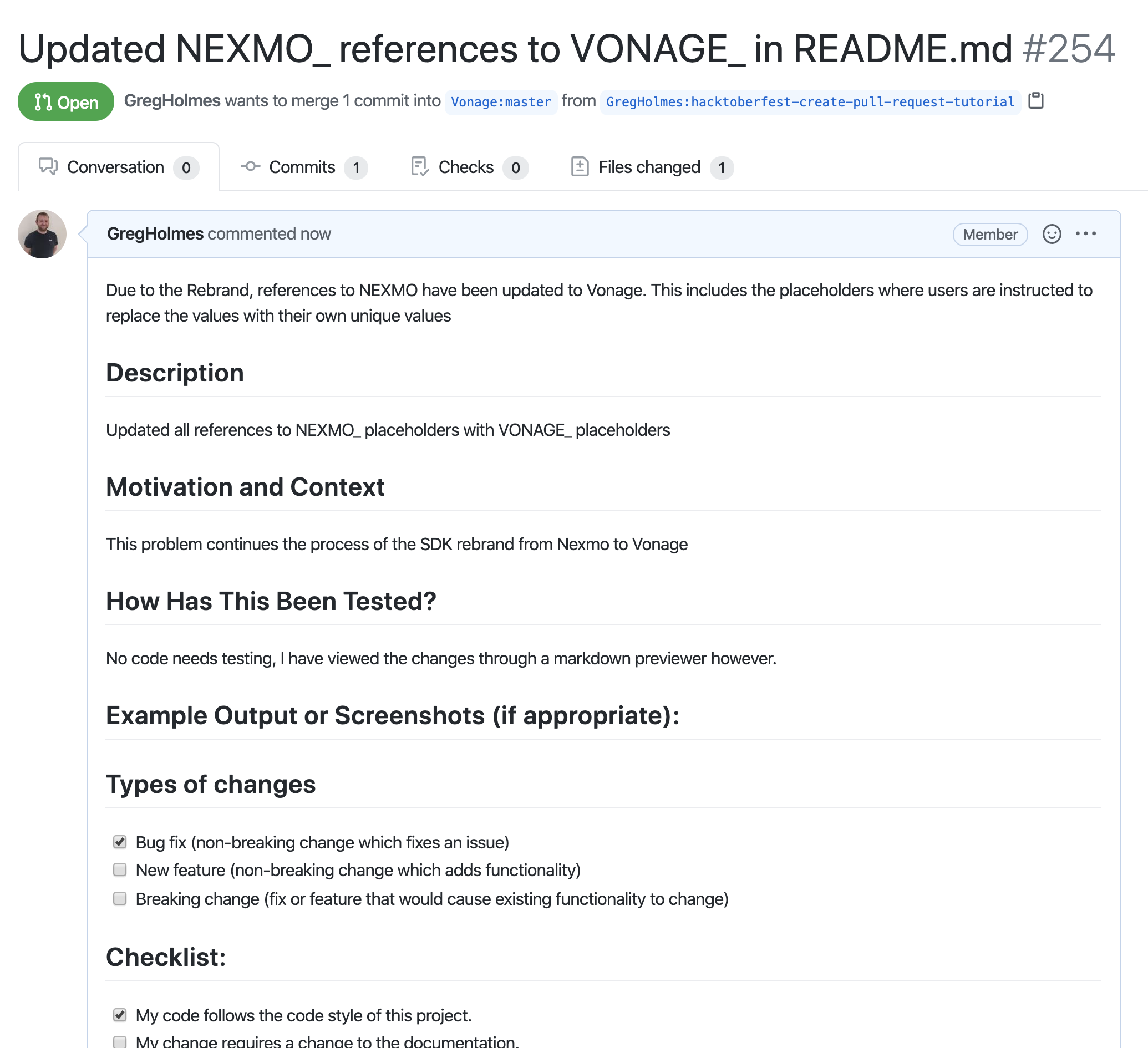 Image showing the summary of the submitted Pull Request