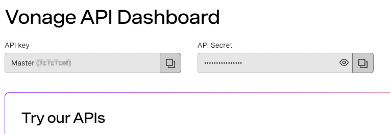 Vonage dashboard home page showing API key and API secret location