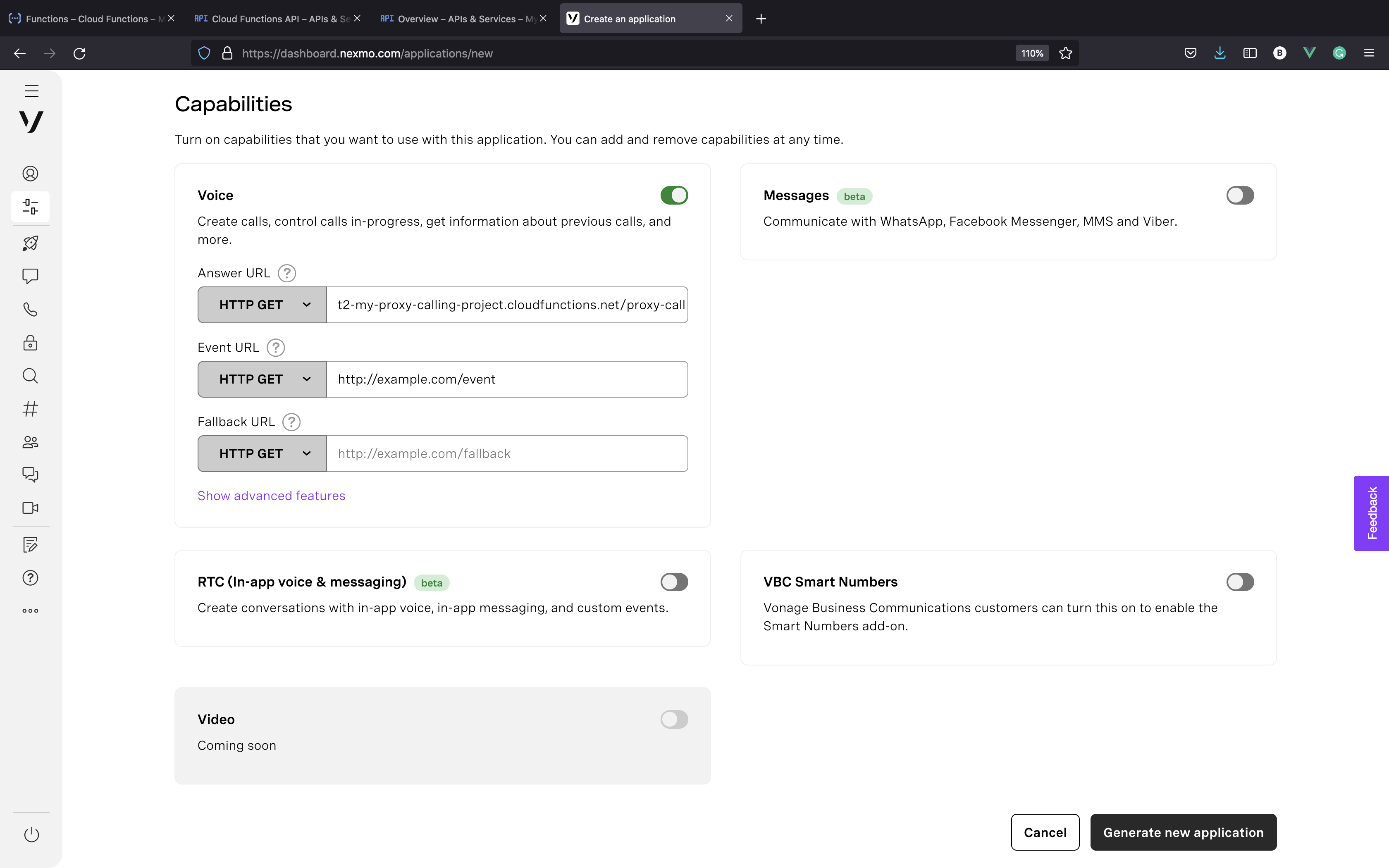 Create Voice-enabled Vonage Application