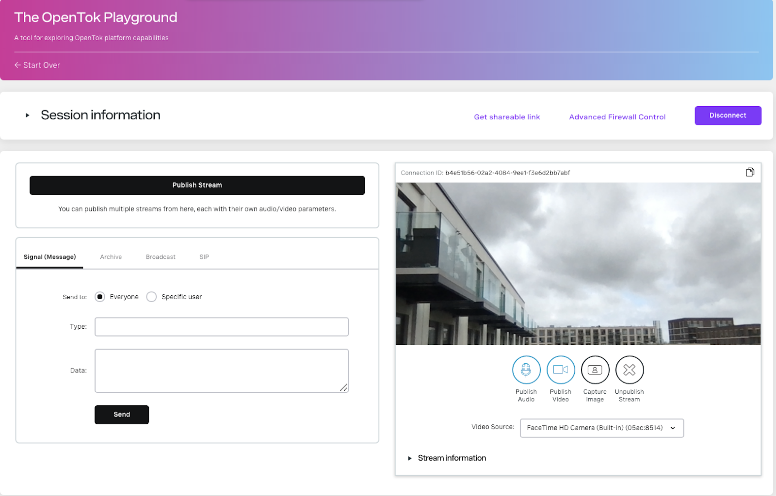 The user interface for the Playground with publisher screen