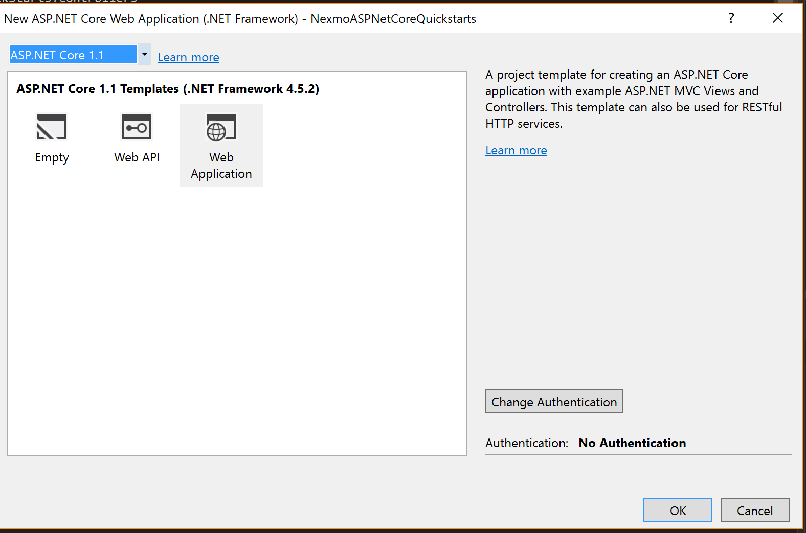 Choosing ASP core project template