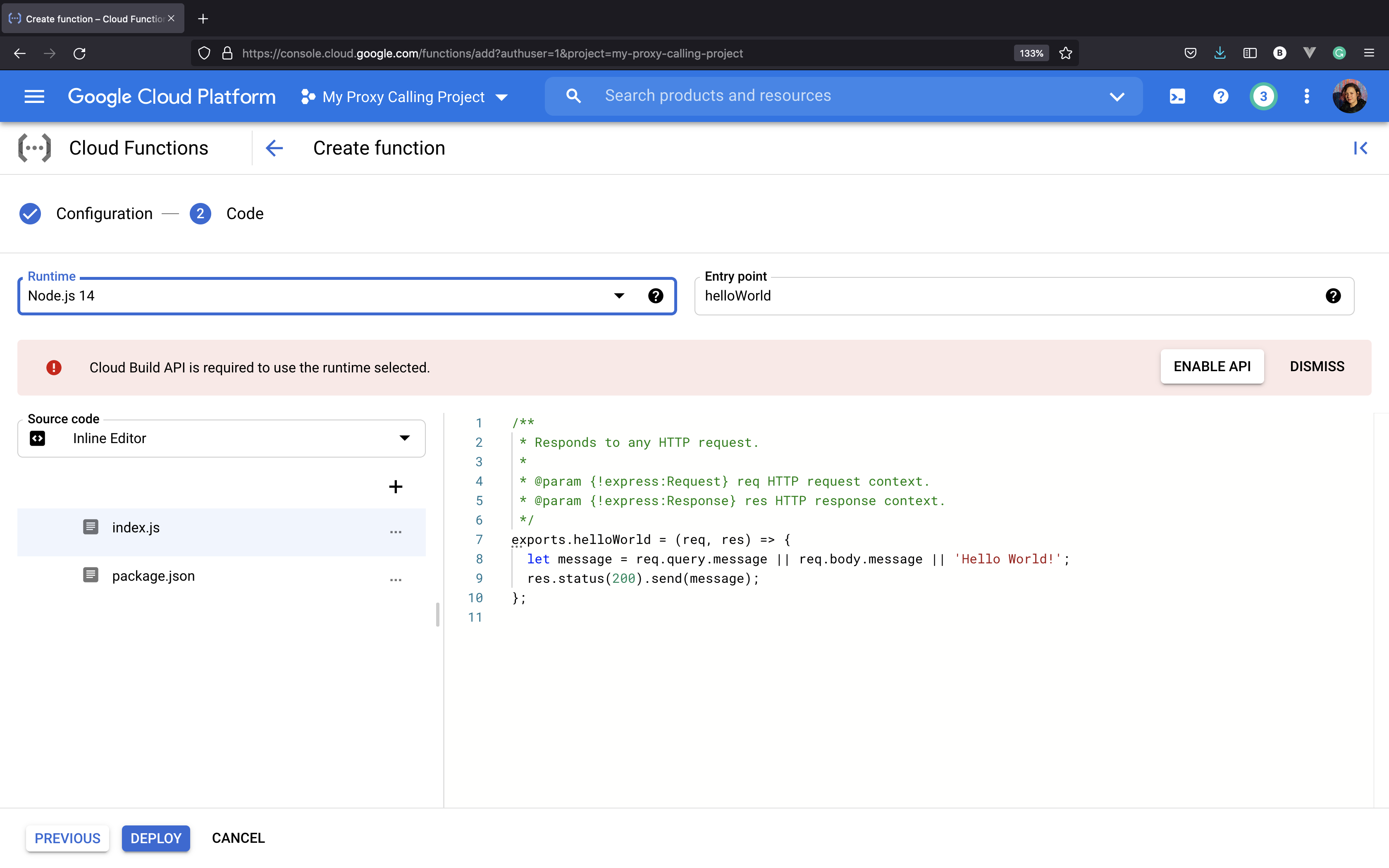 Cloud Functions Inline Editor warning about installing Cloud Build